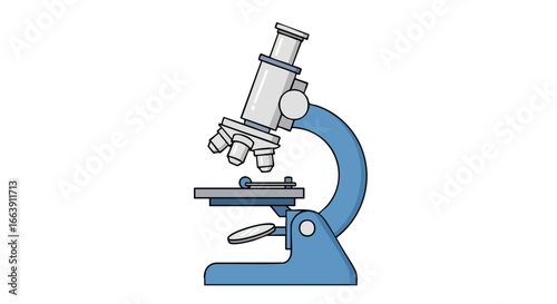 Illustration of a vintage light blue microscope for scientific or educational purposes, displayed on a plain white background isolated for clarity