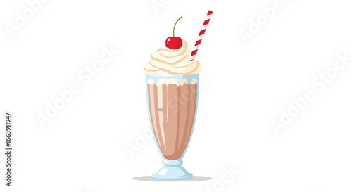 Whimsical illustration of a chocolate milkshake with cherry and striped straw, a dessert delight in playful vector art style