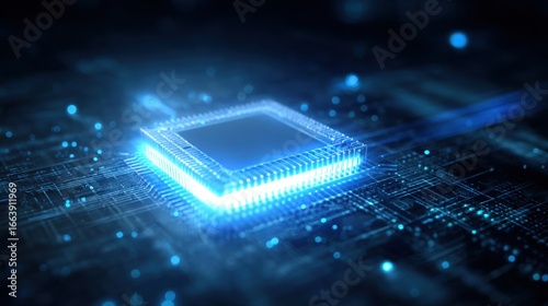 Futuristic Digital Processor Chip Surrounded by Glowing Circuitry and Binary Code in a High-Tech Abstract Environment