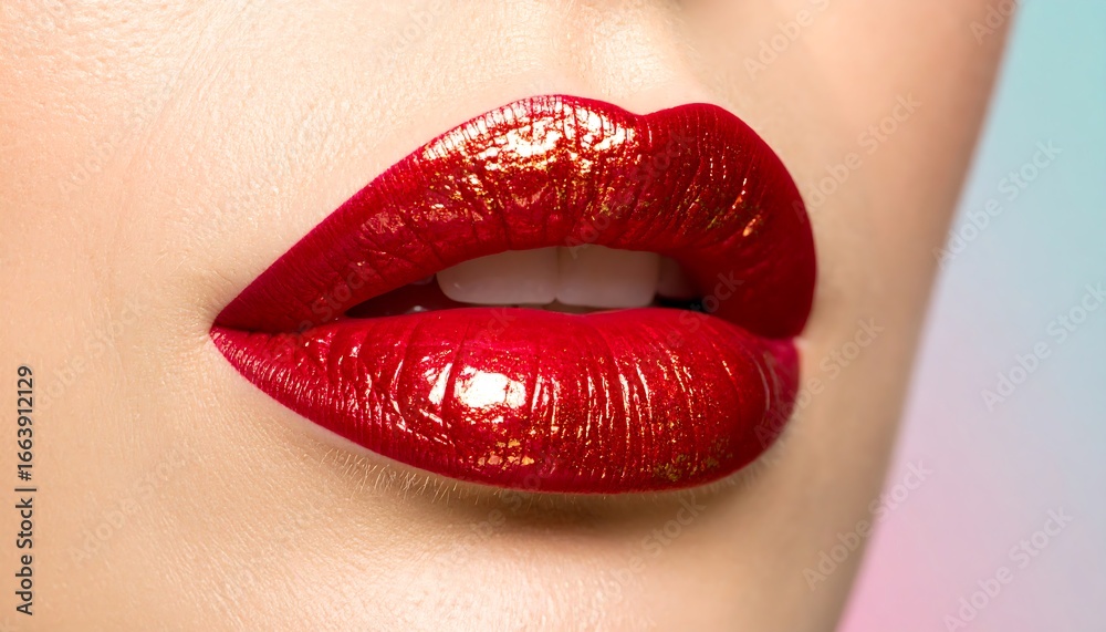 Obraz premium Close-up of glamorous lips adorned with a vibrant red, glossy lipstick featuring subtle gold shimmer, showcasing a captivating beauty.