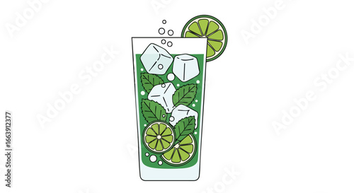 Refreshing Mojito Illustration: A Vibrant Mix of Lime, Mint, and Ice Cubes in Clear Glass, Representing Summer Drinks and Celebratory Moments