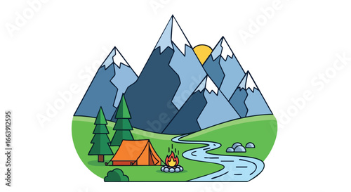 Serene mountain camping scene featuring a tent, campfire, and winding river, illustrated with clean lines and a peaceful vibe