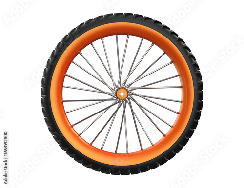 Vibrant Orange Rim Bicycle Wheel with Rugged Knobby Tire 3D Render - High Resolution Isolated Bike Component on Transparent Background for Cycling, Mountain Biking, and Off-Road Adventures. Perfect
