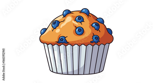Illustration of a Freshly Baked Blueberry Muffin with a Classic Paper Liner Design