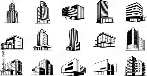 vector collection showcases various buildings embodying modern architectural styles