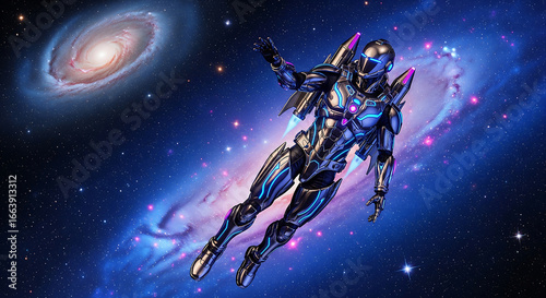 Astronaut soaring through vibrant galaxy with jetpack, exploring space and stars, future travel concept, dynamic, modern design