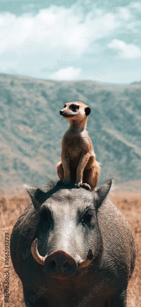 Fototapeta premium A meerkat perched atop a warthog. African savanna landscape