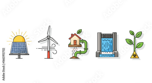 Sustainable energy sources and environmental considerations in colorful vector illustration icons, showcasing solar, wind, hydro, geothermal, and