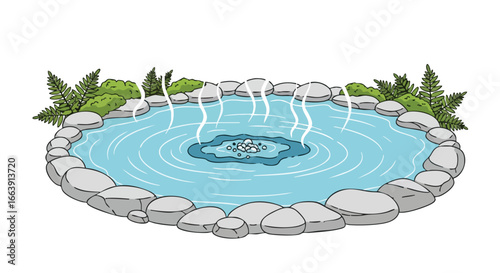 Illustration of a tranquil onsen or hot spring surrounded by stones and lush greenery showcasing water ripples and steam effects for relaxation themes