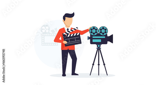 An illustration of a filmmaker holding a clapperboard next to a vintage movie camera on a tripod, representing film production.