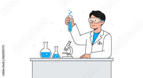 Scientist in lab coat holding test tube with blue liquid, with beakers and microscope on a table.
