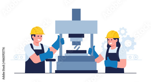 Two smiling factory workers in hard hats give thumbs up next to a large industrial machine in a manufacturing setting.