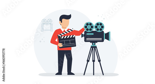 A filmmaker stands with a clapperboard next to a vintage film camera on a tripod, ready to shoot a movie.