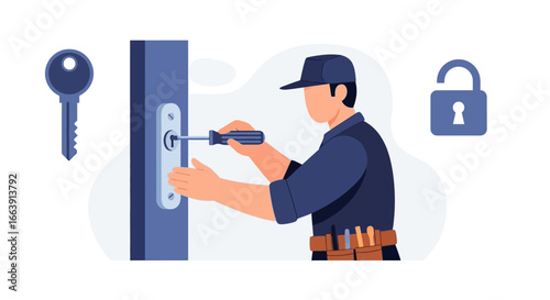 An illustration of a professional locksmith fixing a door lock mechanism with a screwdriver, accompanied by a key and an open padlock symbol.