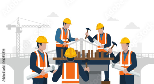 A team of construction engineers in hard hats and safety vests collaborating on a bridge model.
