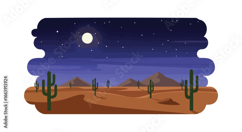 Stylized desert landscape with saguaro cacti, rolling dunes, and a star-filled night sky invoking a sense of peacefulness and solitude