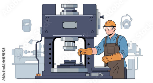 A factory worker in safety gear operates a heavy industrial press machine in a workshop.