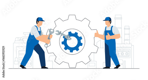 Two industrial workers in blue uniforms maintain a large gear with wrenches, while one gives a thumbs up gesture.