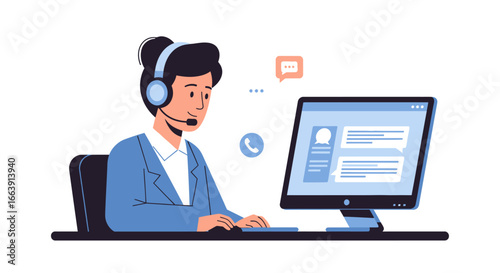 A professional female customer service representative wearing a headset, actively typing on a computer keyboard, with communication icons indicating a call and chat.