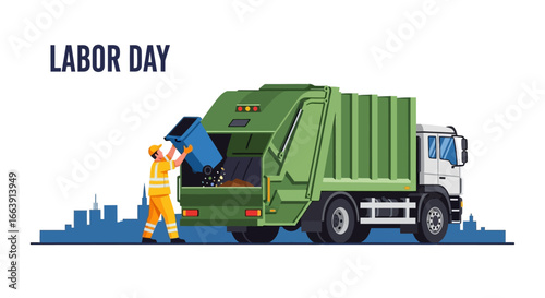 A sanitation worker in uniform empties a blue trash bin into the back of a green garbage truck on Labor Day, with a city skyline in the background.