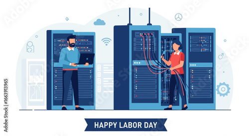 IT professionals working with server racks and cables, celebrating Labor Day with a festive banner.