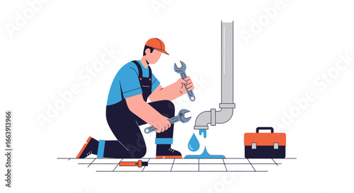 A kneeling plumber repairs a leaking pipe with wrenches, water dripping onto the floor, toolbox nearby.