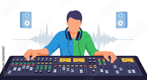 A sound engineer at a mixing console, manipulating audio levels and frequencies with headphones.