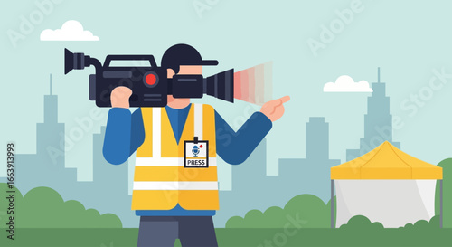 Illustration of a cameraman holding a video camera, wearing a safety vest, with a cityscape and tent in the background.