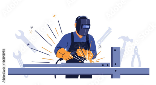 A welder wearing a mask and gloves is welding metal pieces, with tools illustrated in the background.