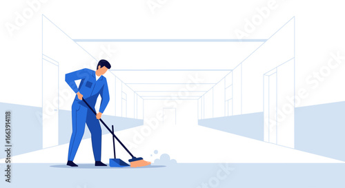 Janitor sweeping a long hallway in a modern building.