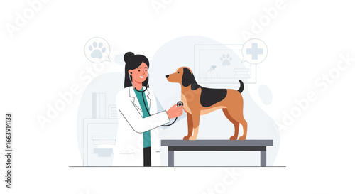 Veterinarian examining a dog with a stethoscope during a checkup at the clinic.