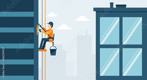 Window washer cleaning a high-rise building using ropes and equipment.