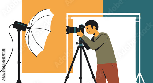 An illustrated photographer aims a camera on a tripod in a professional photo studio with a white backdrop and lighting equipment.