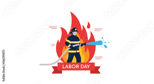 Labor Day illustration of a firefighter in uniform spraying water to extinguish a large fire.