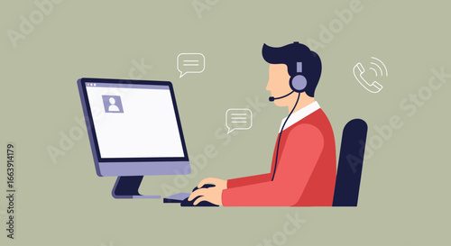 A male call center agent with a headset provides online customer support at his computer desk.