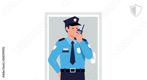 A male security guard in a blue uniform and cap stands watch while communicating on a portable radio.
