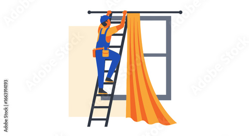A handyman in overalls stands on a ladder hanging a long orange curtain on a rod above a window.