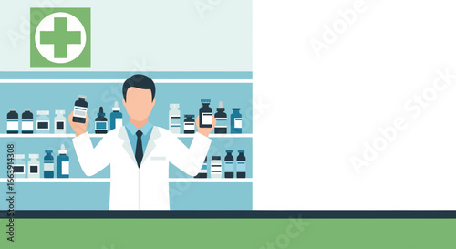 A pharmacist in a white coat holding medicine bottles behind a counter in a pharmacy.
