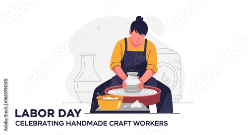 A woman shaping clay on a pottery wheel, celebrating Labor Day and handmade crafts.