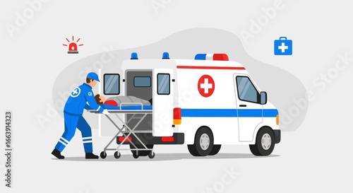 A medical professional pushes a stretcher towards an ambulance, emergency medical services.