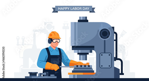 A worker operates industrial machinery, celebrating Labor Day with a banner above.