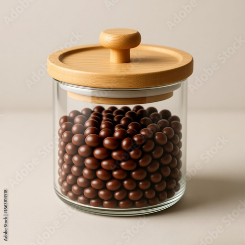 Tarro de cristal con bolas de chocolate rellenas de avellana y una tapa elegante de madera