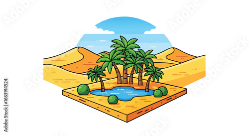 Stylized desert oasis illustration featuring palm trees and sand dunes in isometric view, perfect for travel or environmental themes