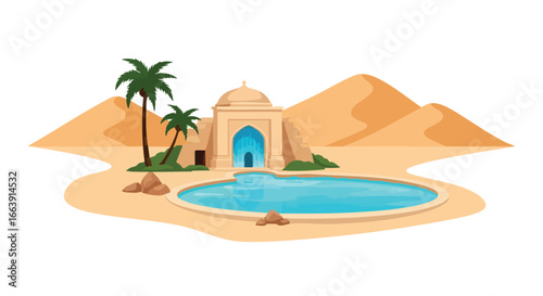 Enchanting desert oasis scene with tranquil pool and architecture set amidst golden sands and palm trees