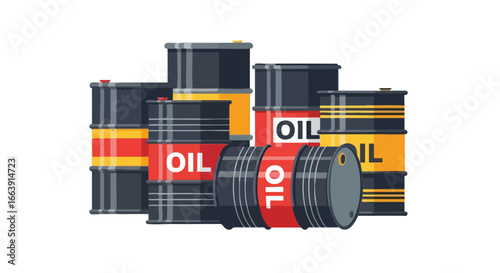 Illustrated oil barrels conveying energy resources concept in industrial transportation and storage symbolism depicted in a flat design against