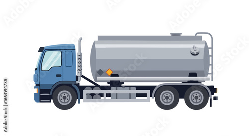 Vector illustration of a blue semi-truck with a tank trailer, conveying goods and materials essential for diverse industries and transport sector