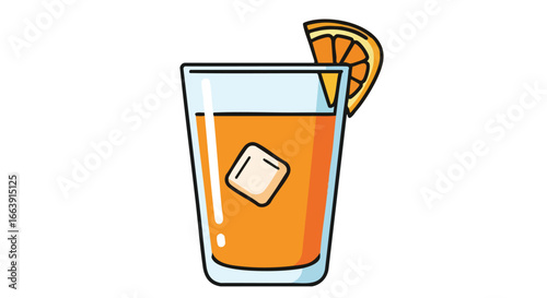 Refreshing Orange Juice Illustration with Ice Cube and Citrus Slice Garnish for Summer Drink Concept