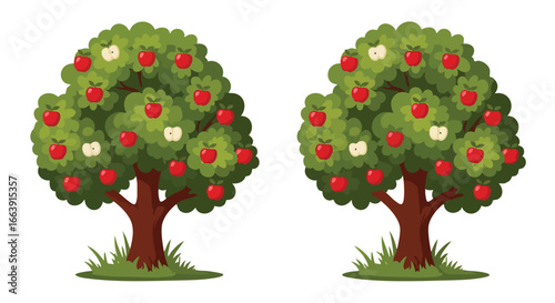 Cartoon illustration featuring two apple trees full of ripe red fruit against a clean white backdrop, suitable for childrens designs and illustrations