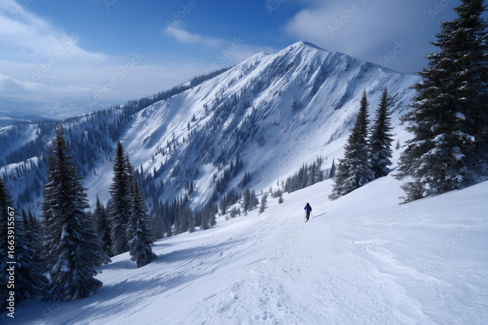 Fototapeta premium A lone hiker or skier in a vast winter mountain landscape