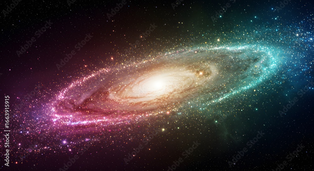 Fototapeta premium A vibrant spiral galaxy shining bright in the cosmos, filled with colorful nebulae and stars. The galaxy has many colors, a majestic sight to behold.